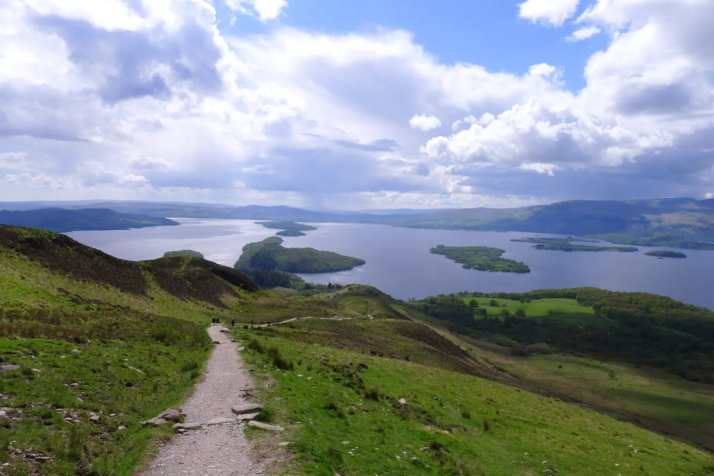 The West Highland Way on the flank of Conic Hill overlooking Loch Lomond and its islands